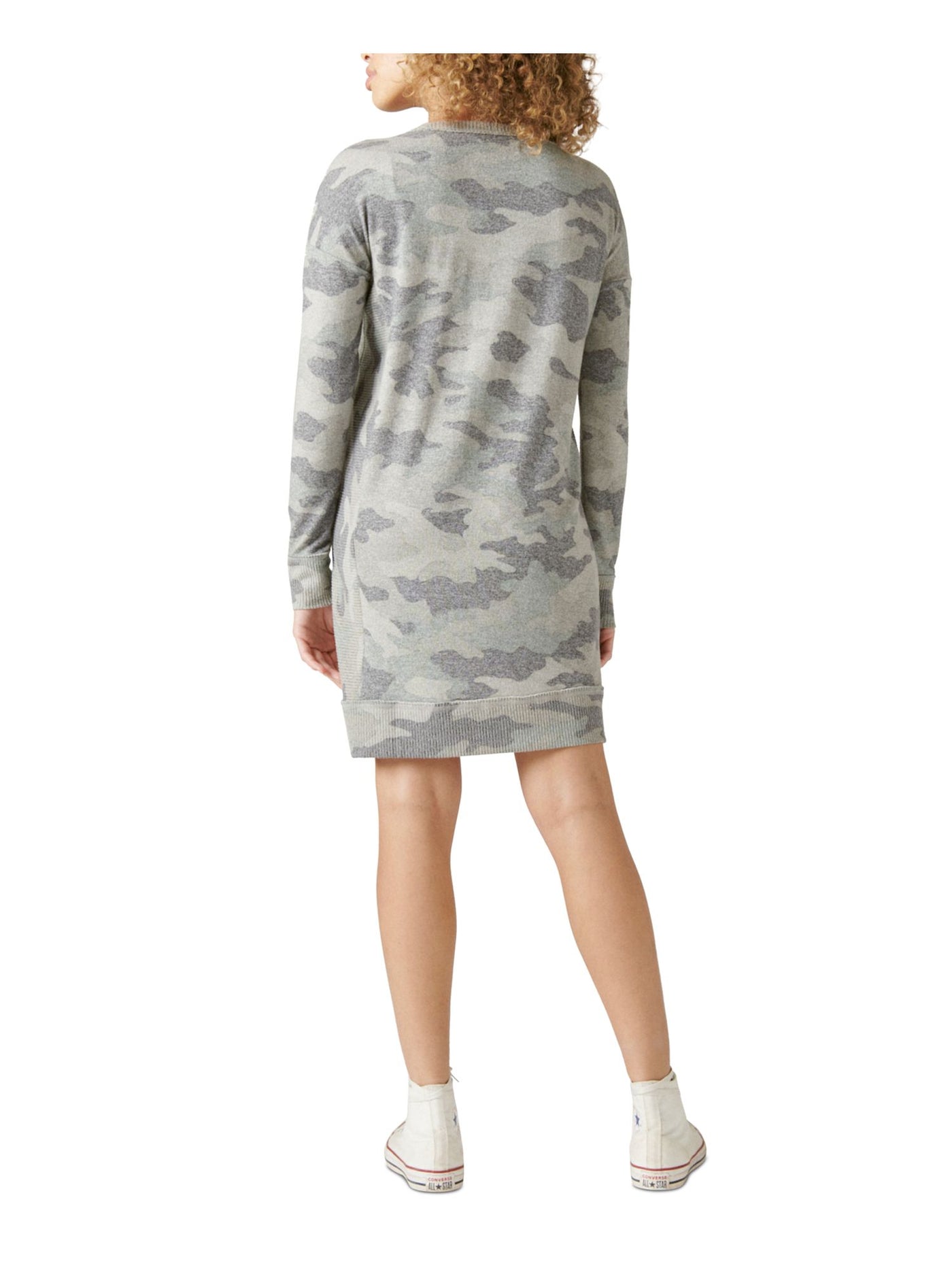 LUCKY BRAND Womens Gray Camouflage Long Sleeve Crew Neck Short Sweatshirt Dress XS