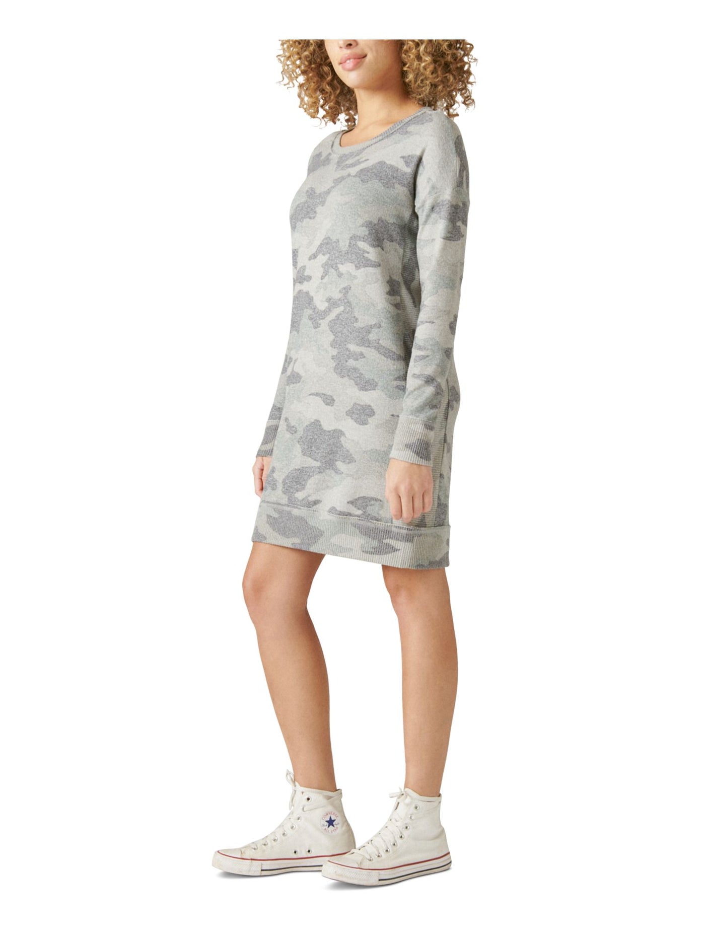 LUCKY BRAND Womens Gray Camouflage Long Sleeve Crew Neck Short Sweatshirt Dress M