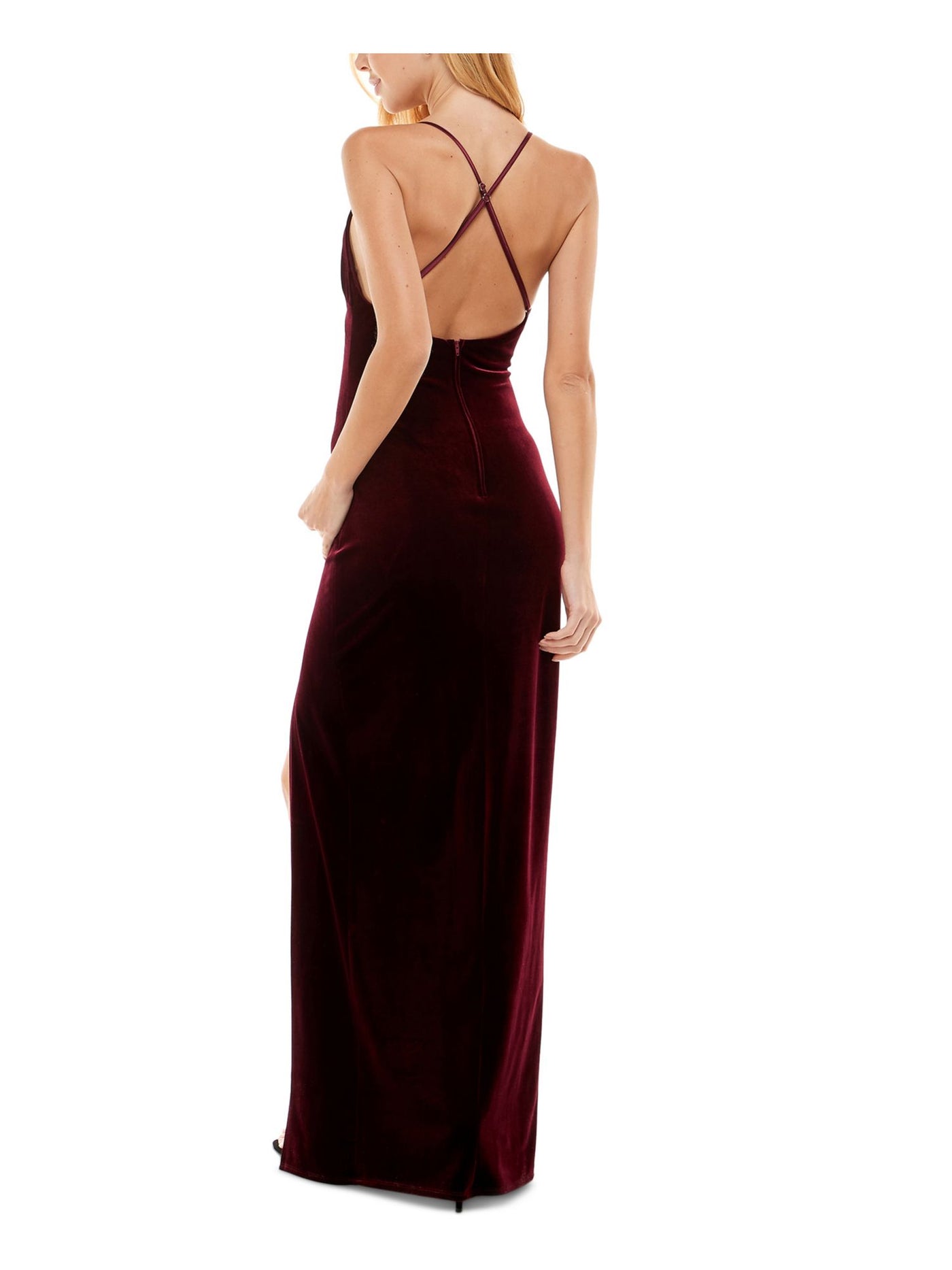 PEAR CULTURE Womens Burgundy Zippered Slitted Crisscross Back Spaghetti Strap V Neck Full-Length Prom Sheath Dress Juniors 11\12
