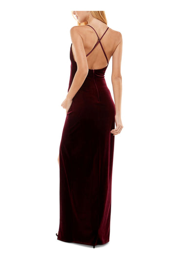 PEAR CULTURE Womens Burgundy Zippered Slitted Crisscross Back Spaghetti Strap V Neck Full-Length Prom Sheath Dress Juniors 11\12