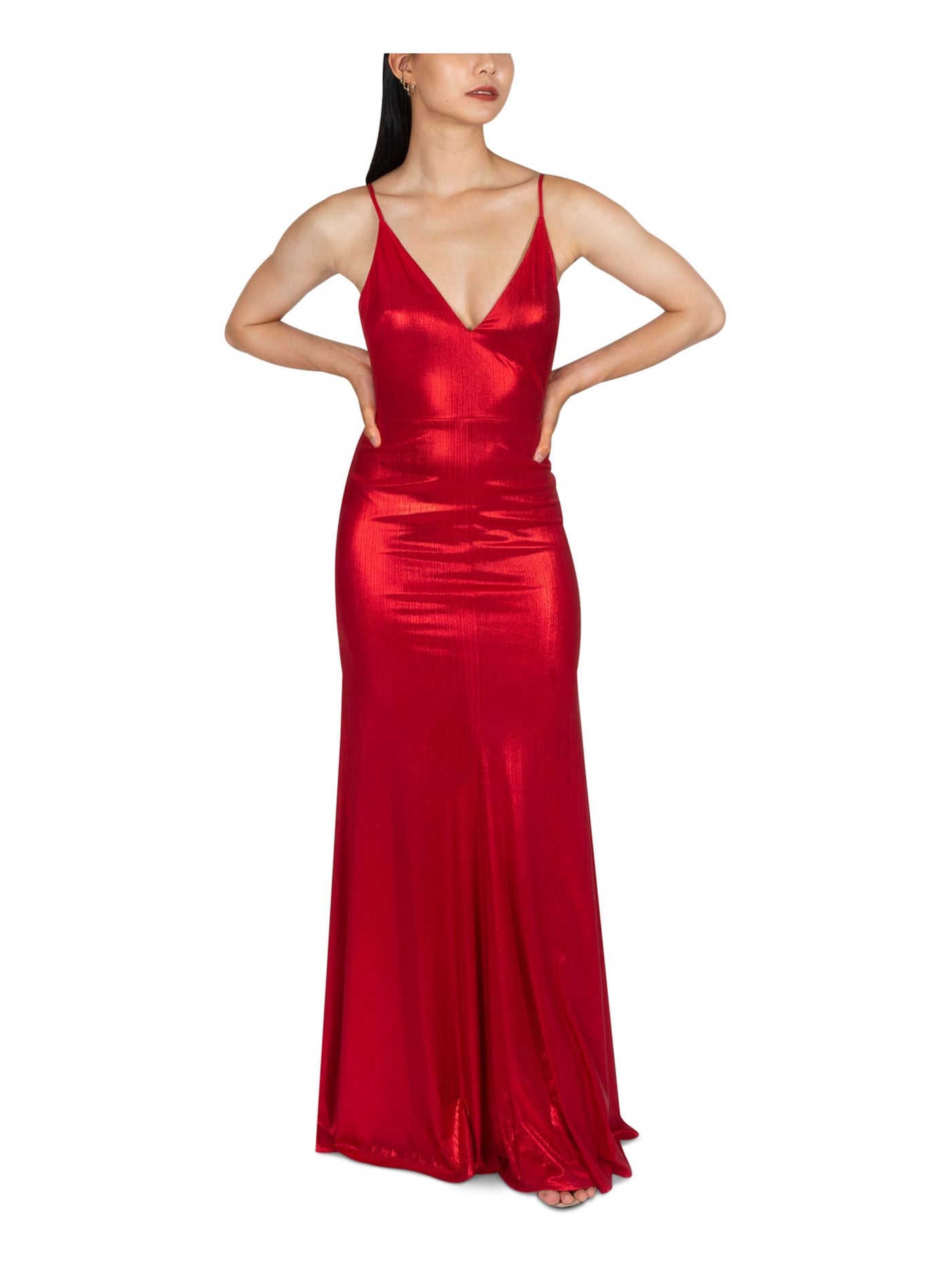DEAR MOON Womens Red Stretch Zippered Low Back Adjustable Straps Lined Spaghetti Strap V Neck Full-Length Prom Gown Dress Juniors 9