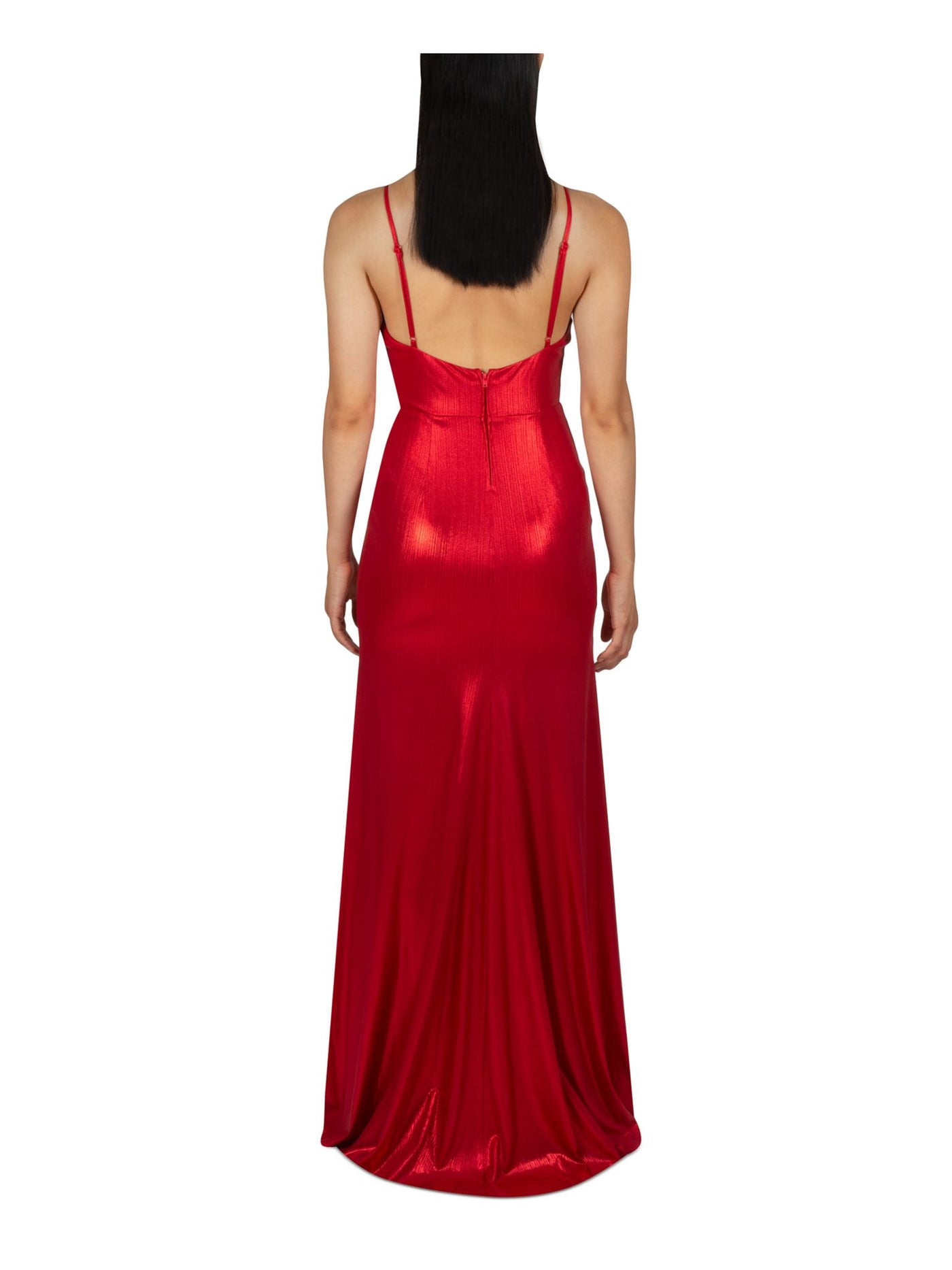 DEAR MOON Womens Red Stretch Zippered Low Back Adjustable Straps Lined Spaghetti Strap V Neck Full-Length Prom Gown Dress 7