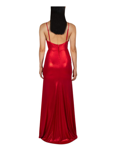 DEAR MOON Womens Red Stretch Zippered Low Back Adjustable Straps Lined Spaghetti Strap V Neck Full-Length Prom Gown Dress 7