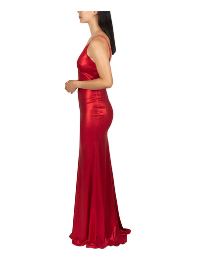 DEAR MOON Womens Red Stretch Zippered Low Back Adjustable Straps Lined Spaghetti Strap V Neck Full-Length Prom Gown Dress 7