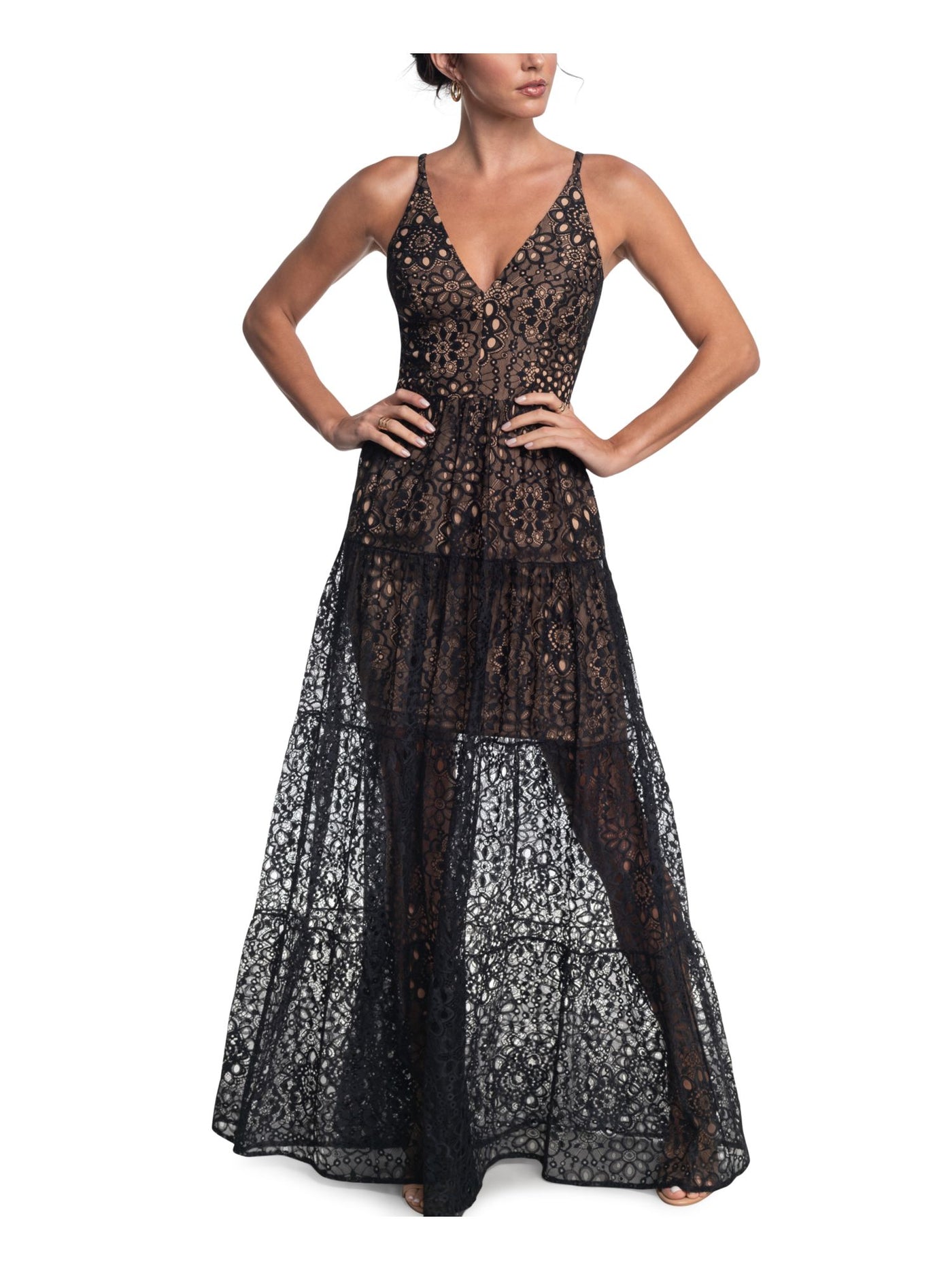 DRESS THE POPULATION Womens Black Zippered Sheer Lined Sleeveless V Neck Full-Length Evening Gown Dress XXS