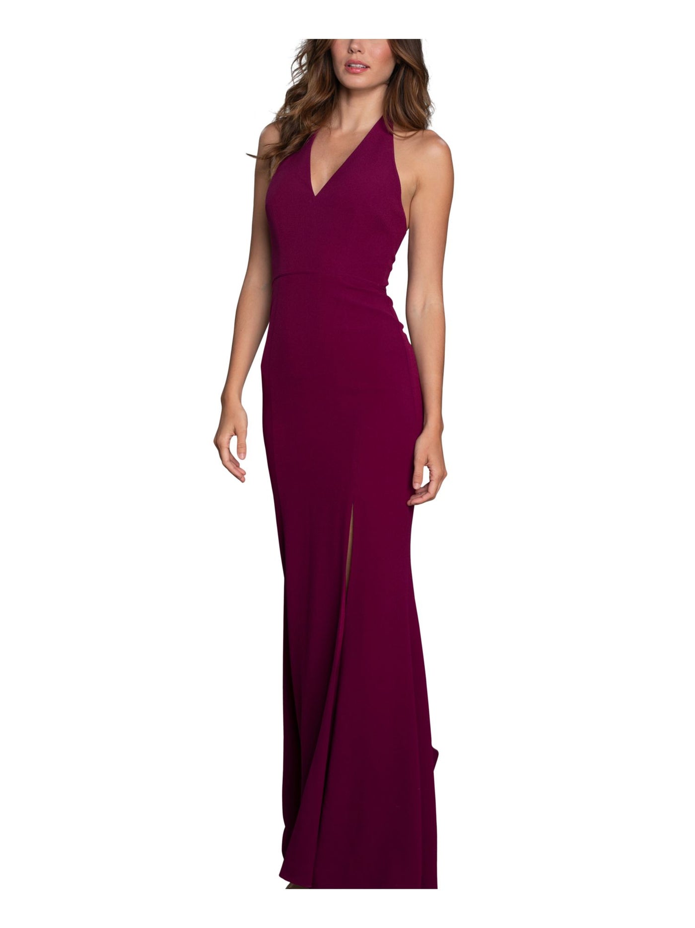 DRESS THE POPULATION Womens Maroon Zippered Te Halter Short Sleeve V Neck Full-Length Formal Gown Dress M