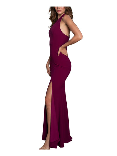DRESS THE POPULATION Womens Maroon Zippered Te Halter Short Sleeve V Neck Full-Length Formal Gown Dress M