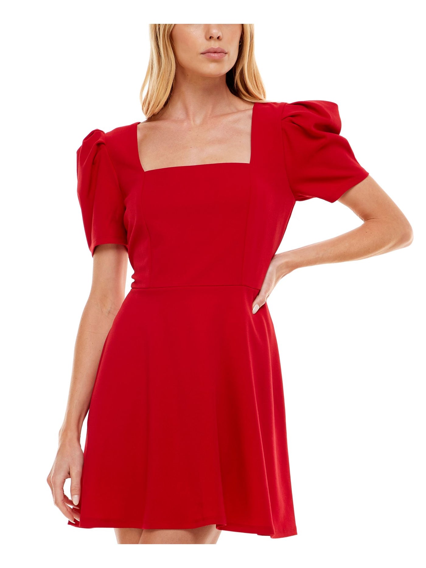SPEECHLESS Womens Red Zippered Unlined Pleated Pouf Sleeve Square Neck Short Fit + Flare Dress Juniors XL