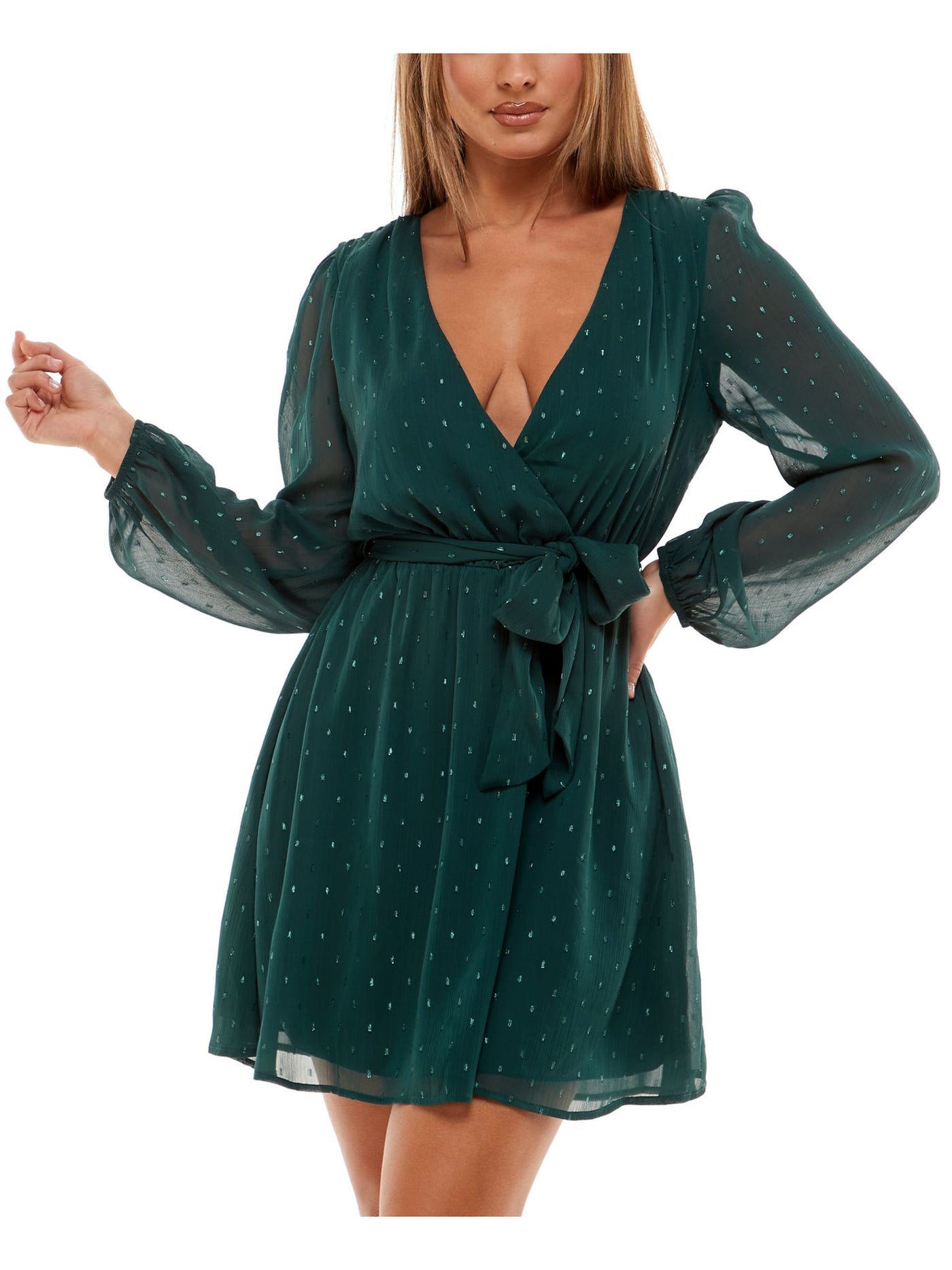 SPEECHLESS Womens Belted Zippered Long Sleeve Surplice Neckline Short Party Fit + Flare Dress