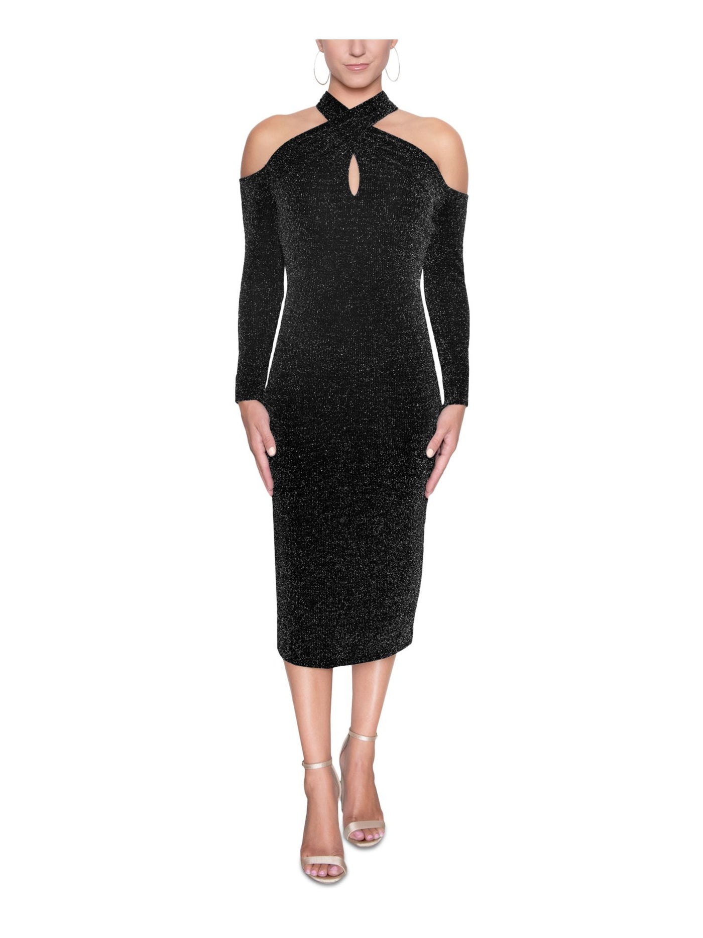 RACHEL RACHEL ROY Womens Black Cold Shoulder Glitter Keyhole Long Sleeve Halter Knee Length Cocktail Sheath Dress XS