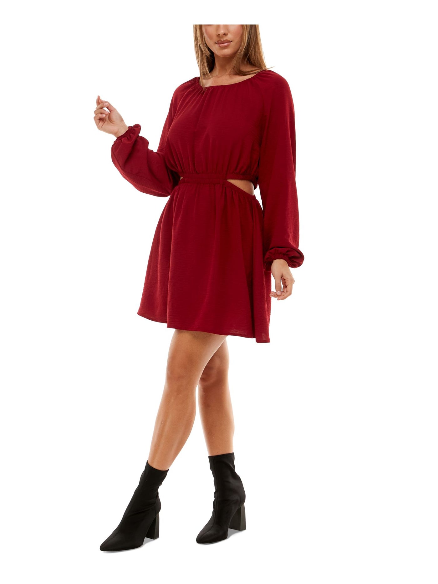 SPEECHLESS Womens Red Cut Out Elastic Waist Button Closure Blouson Sleeve Scoop Neck Above The Knee Party Fit + Flare Dress Juniors XL