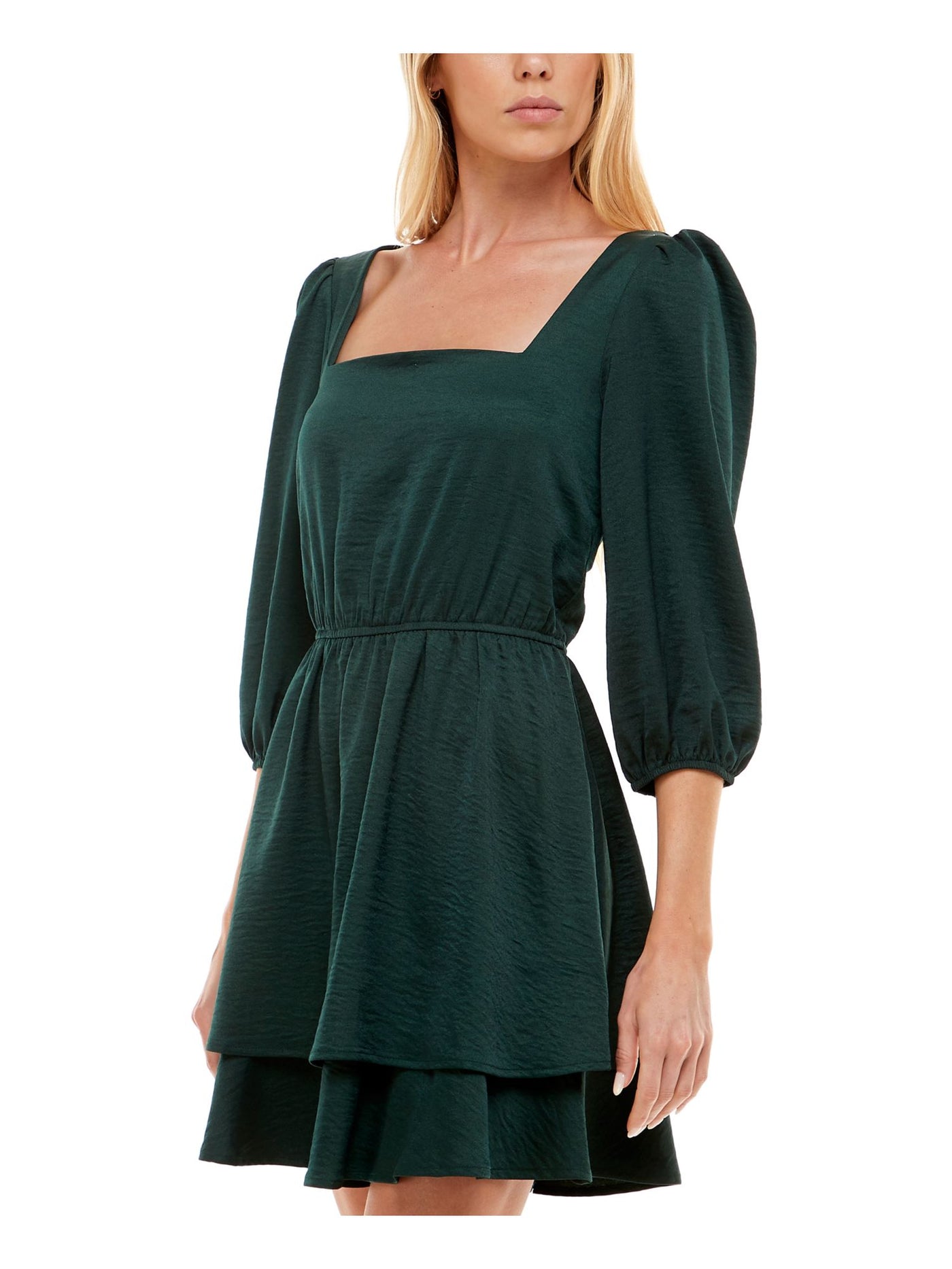 SPEECHLESS Womens Green Ruffled Keyhole Back 3/4 Sleeve Square Neck Short Party Fit + Flare Dress Juniors XS