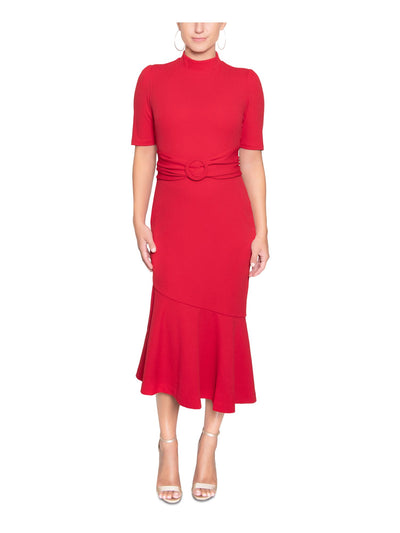 RACHEL RACHEL ROY Womens Red Stretch Belted Zippered Flounce Hem Lined Short Sleeve Mock Neck Midi Wear To Work Sheath Dress M