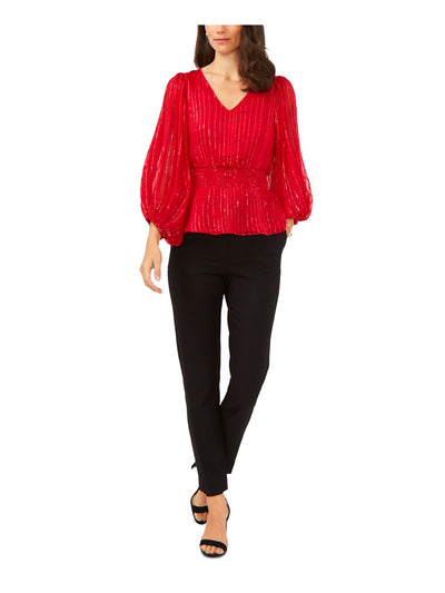 MSK Womens Red Smocked Sheer Lined Bodice Pullover Gathered Striped Blouson Sleeve V Neck Wear To Work Top Petites PM