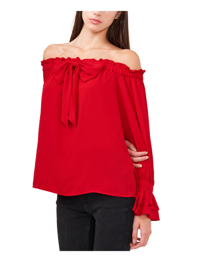 RILEY&RAE Womens Red Ruffled Unlined Bow Detail Sheer Long Sleeve Off Shoulder Blouse XL