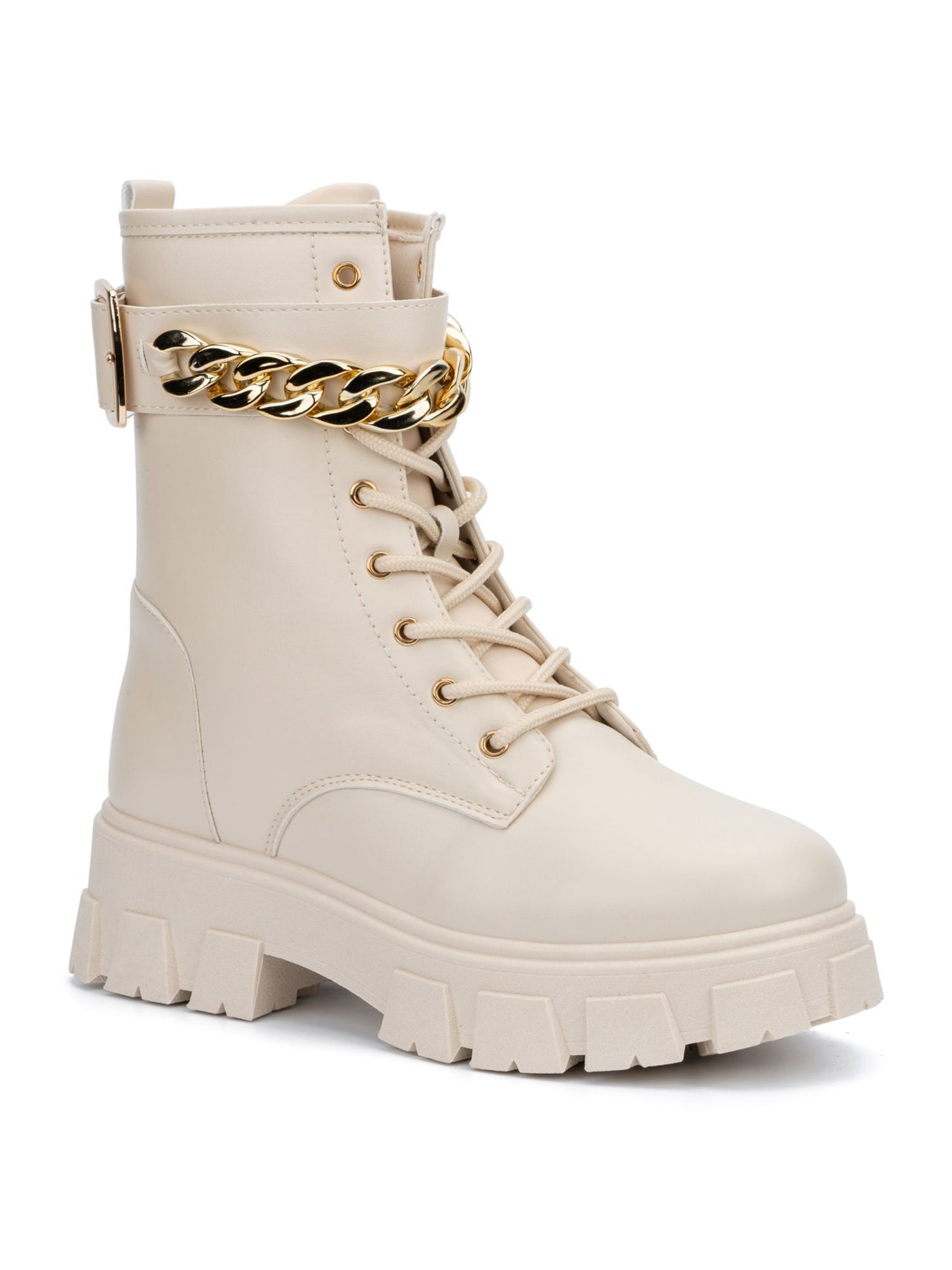 OLIVIA MILLER Womens Beige 1-1/2" Platform Lace-Up Front Chain Buckled Strap Back Pull-Tab Lug Sole Padded Ava Round Toe Zip-Up Combat Boots 8.5