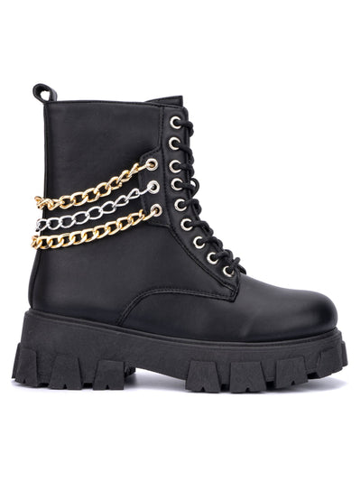 OLIVIA MILLER Womens Black 1-1/2" Platform Lace-Up Chain Detail Padded Lug Sole Amelia Round Toe Zip-Up Chelsea 8