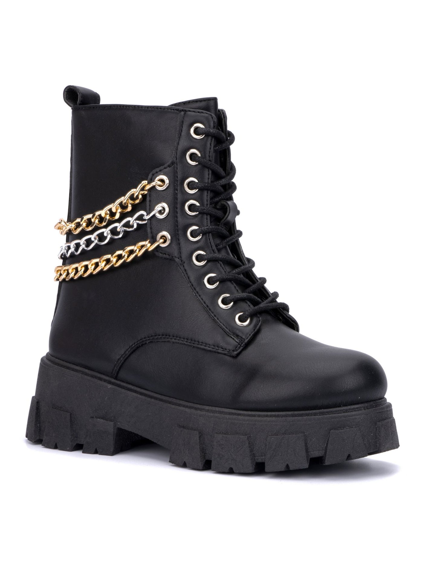 OLIVIA MILLER Womens Black 1-1/2" Platform Lace-Up Chain Detail Padded Lug Sole Amelia Round Toe Zip-Up Chelsea 8