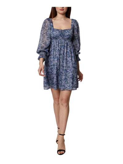 BCBGENERATION Womens Blue Floral Long Sleeve Square Neck Above The Knee Baby Doll Dress 8