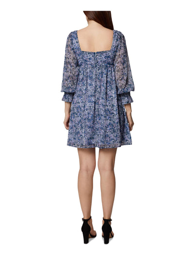 BCBGENERATION Womens Blue Floral Long Sleeve Square Neck Above The Knee Baby Doll Dress 8