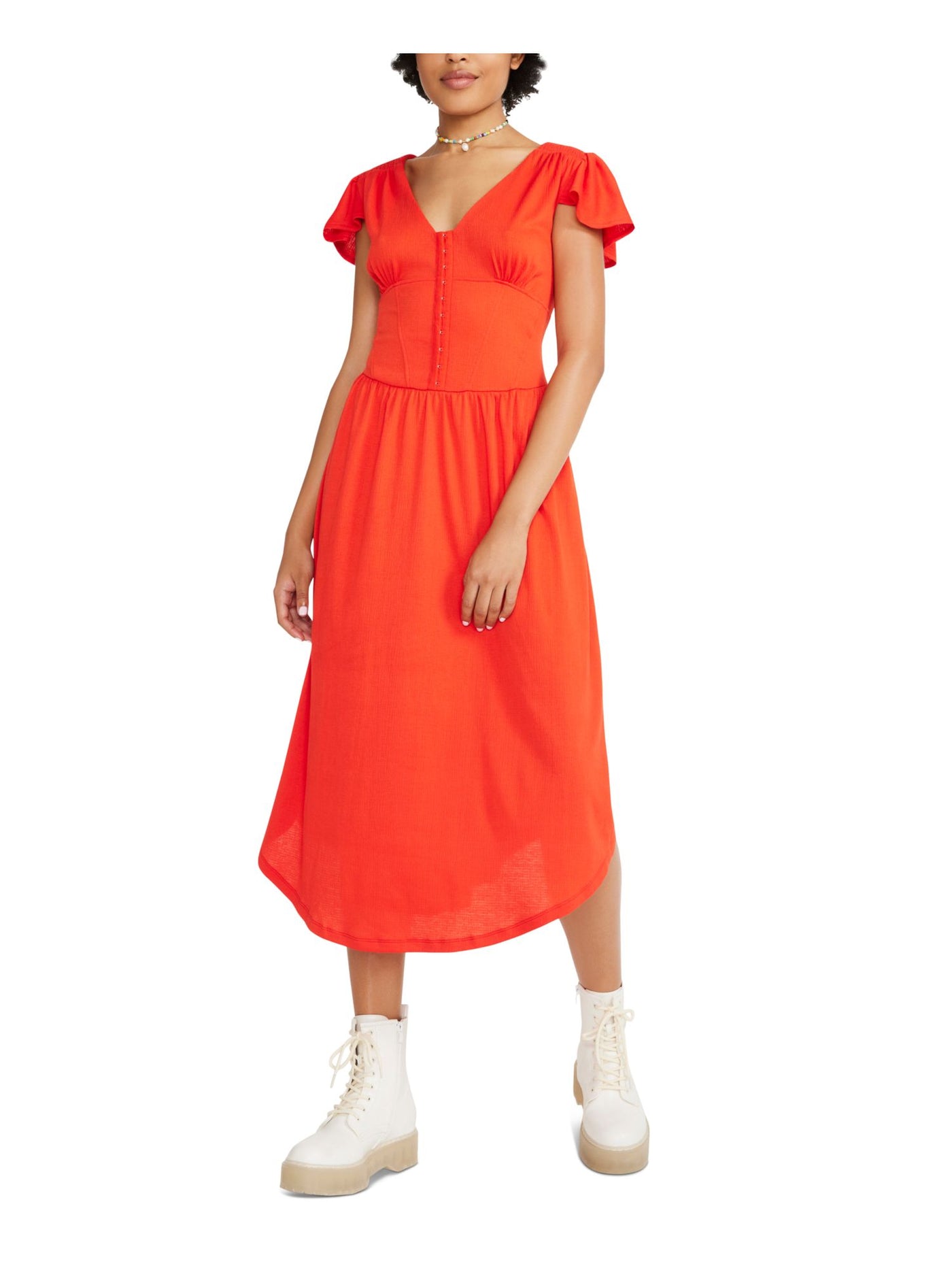 BETSEY JOHNSON Womens Orange Textured Smocked Front Hook Eye Closure Corset Flutter Sleeve V Neck Midi Sheath Dress M