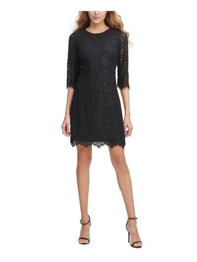 KENSIE DRESSES Womens Black Lined Zippered Fringed Scalloped Sheer Floral 3/4 Sleeve Crew Neck Above The Knee Sheath Dress 10