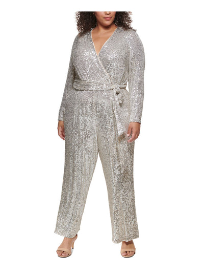 ELIZA J Womens Beige Sequined Belted Long Sleeve Surplice Neckline Party Wide Leg Jumpsuit Plus 22W