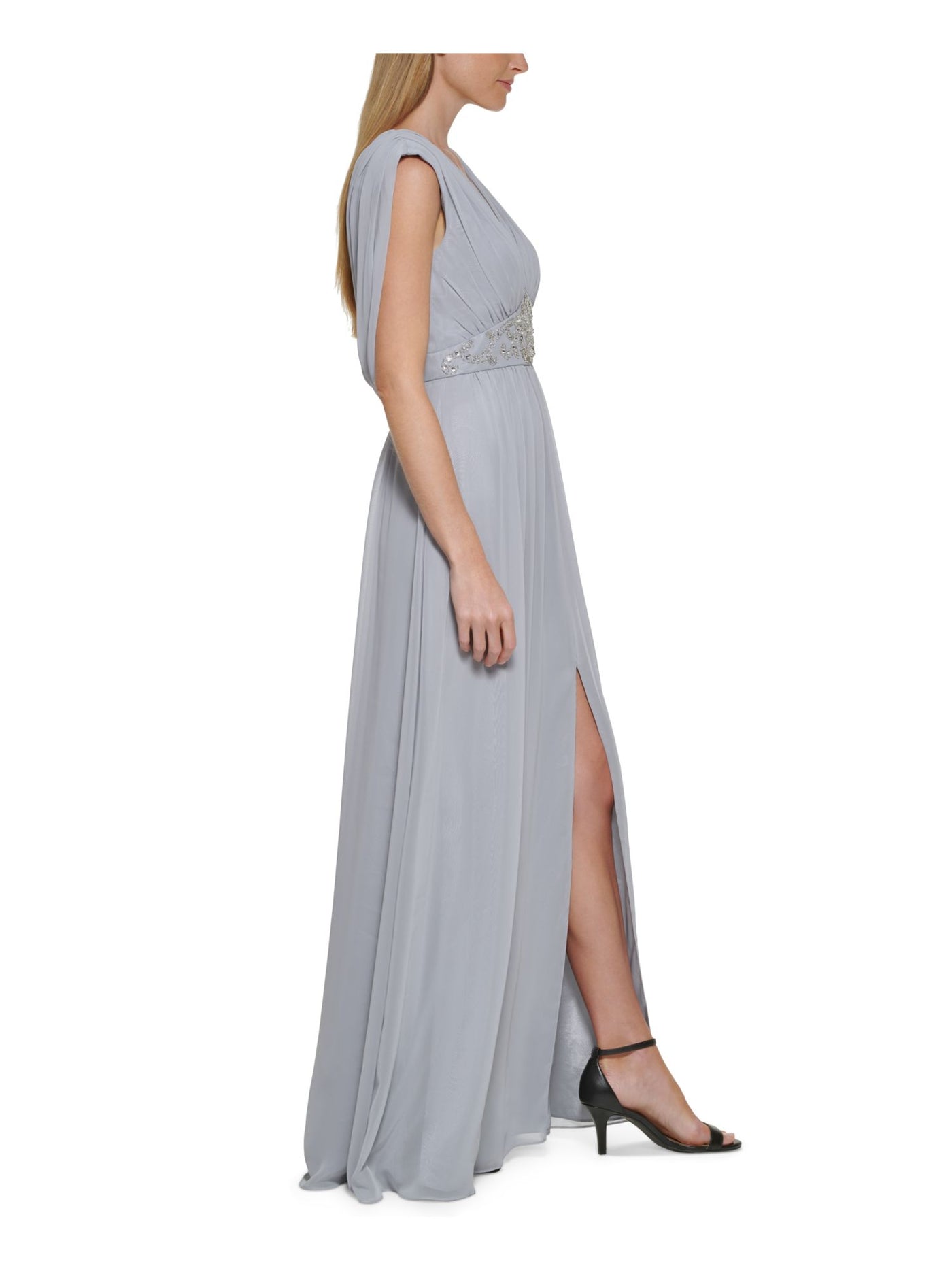 ELIZA J Womens Silver Beaded Zippered Tie Back Sleeveless V Neck Full-Length Evening Gown Dress 8