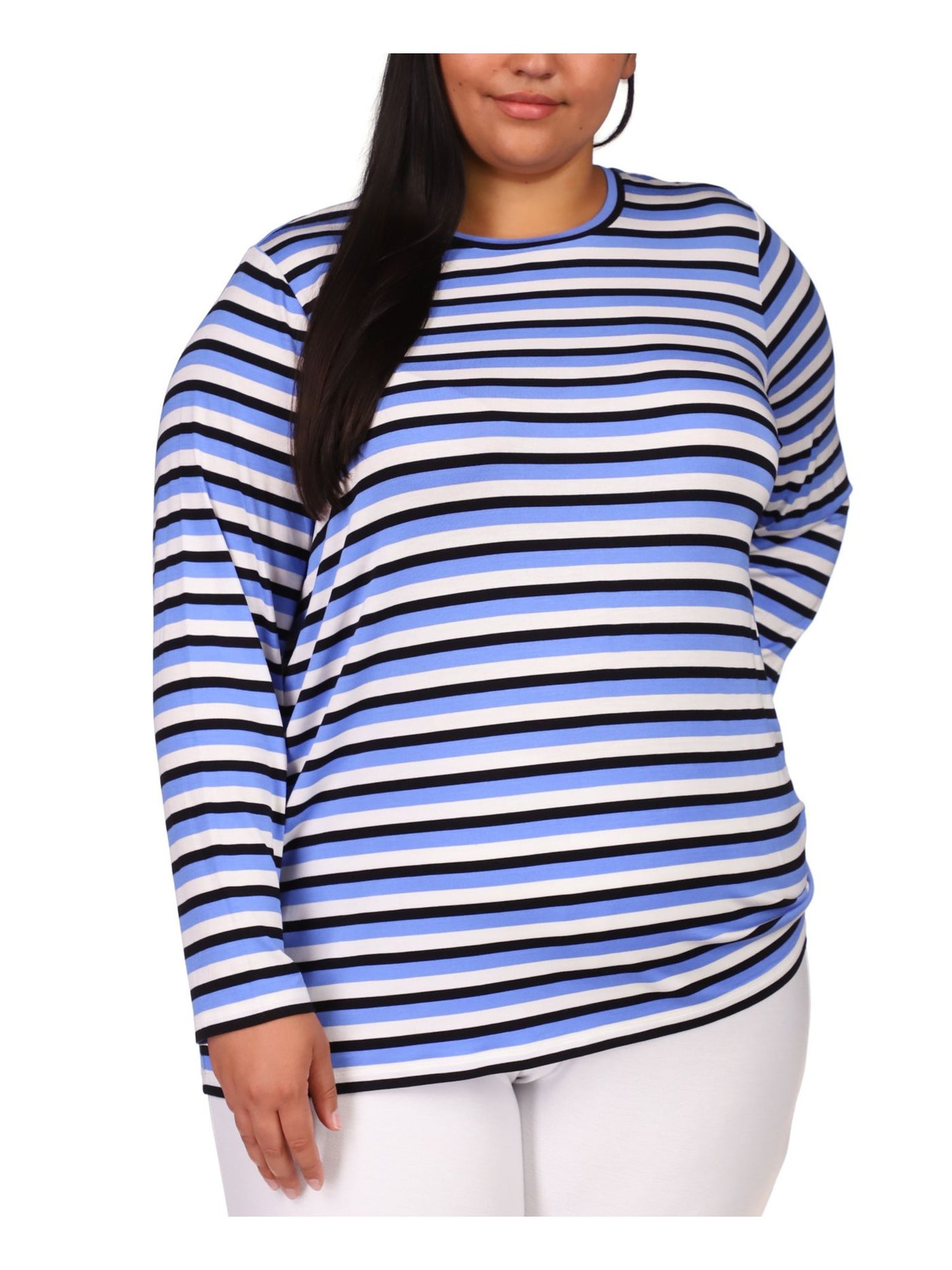 MICHAEL MICHAEL KORS Womens Blue Striped Long Sleeve Crew Neck Top Plus 0X