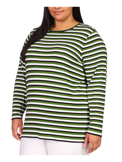 MICHAEL MICHAEL KORS Womens Green Striped Long Sleeve Crew Neck Top Plus 0X