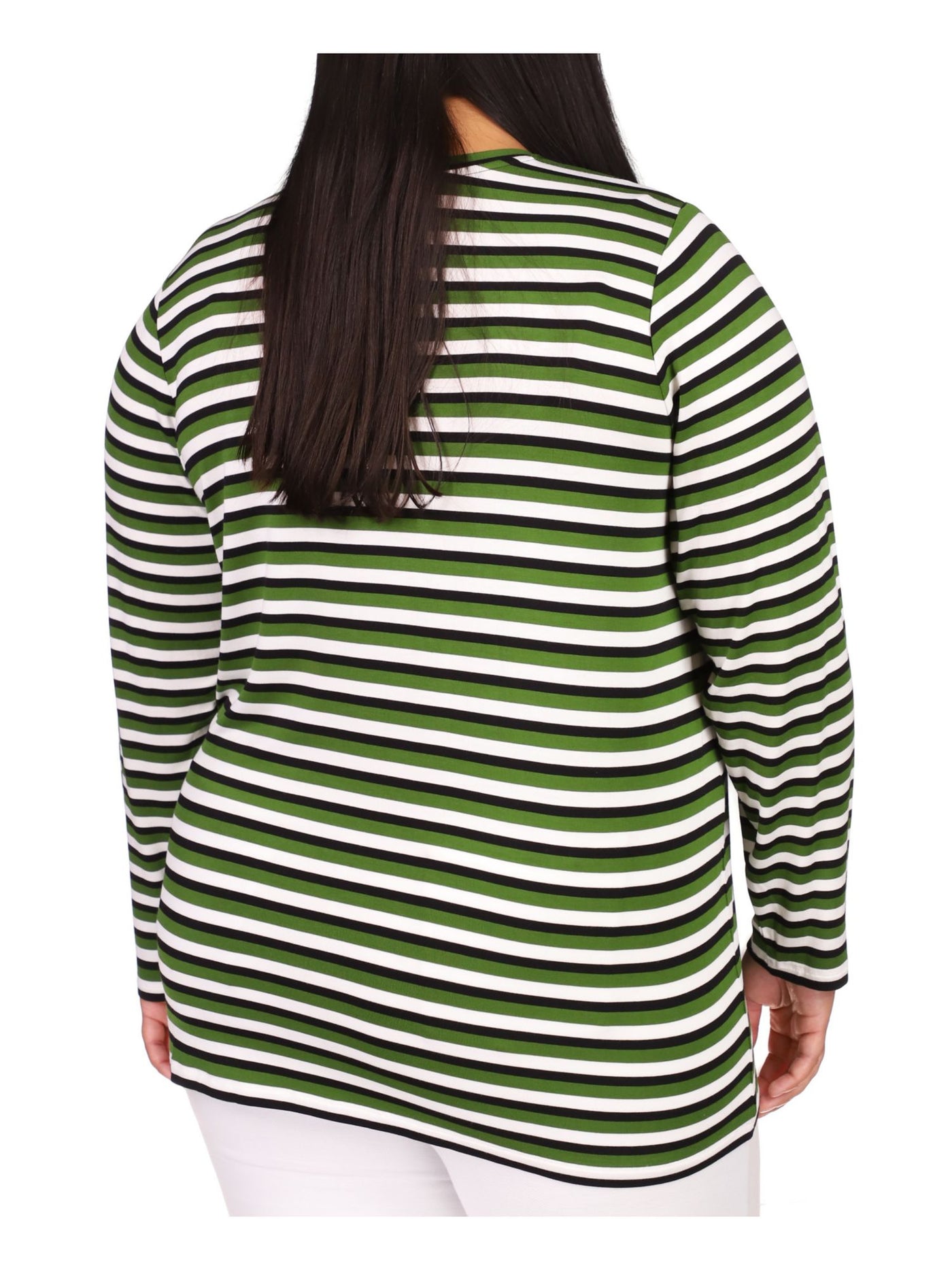 MICHAEL MICHAEL KORS Womens Green Striped Long Sleeve Crew Neck Top Plus 0X