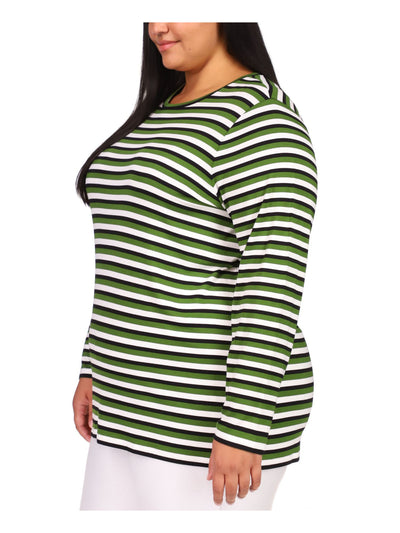 MICHAEL MICHAEL KORS Womens Green Striped Long Sleeve Crew Neck Top Plus 0X