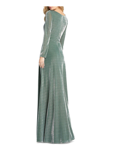 IEENA FOR MAC DUGGAL Womens Green Zippered Slitted Metallic Lined Long Sleeve V Neck Full-Length Formal Gown Dress 4