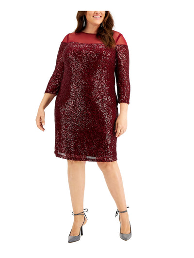 R&M RICHARDS Womens Red Stretch Sequined Keyhole Back Lined 3/4 Sleeve Illusion Neckline Knee Length Party Sheath Dress Plus 14W