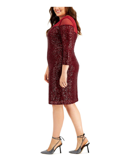 R&M RICHARDS Womens Red Stretch Sequined Keyhole Back Lined 3/4 Sleeve Illusion Neckline Knee Length Party Sheath Dress Plus 14W