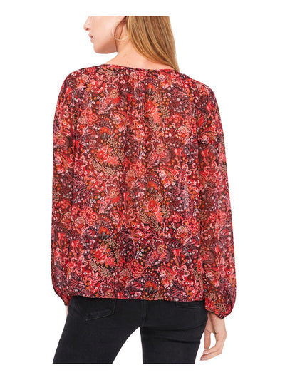 VINCE CAMUTO Womens Red Sheer Paisley Balloon Sleeve Keyhole Wear To Work Blouse XS