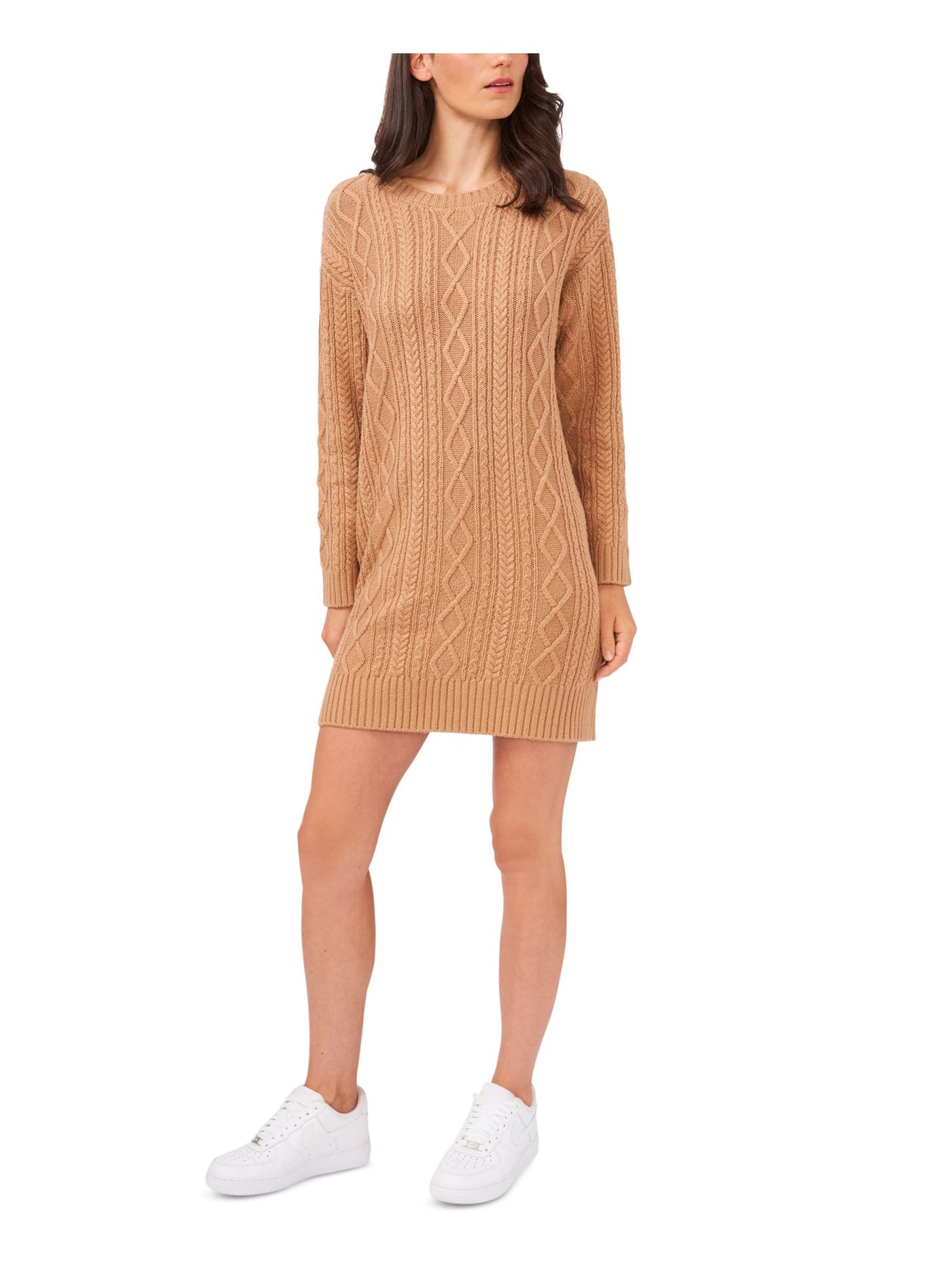 RILEY&RAE Womens Brown Unlined Sheer Pullover Ribbed Trim Long Sleeve Crew Neck Short Sweater Dress S