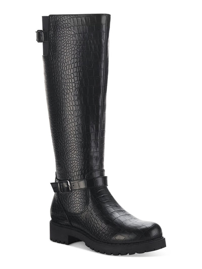 STYLE & COMPANY Womens Black Animal Print Cushioned Lug Sole Buckle Accent Goring Elenorr Round Toe Block Heel Zip-Up Riding Boot 7 M
