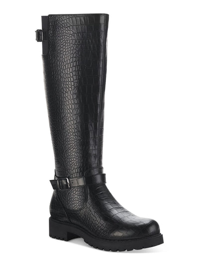 STYLE & COMPANY Womens Black Animal Print Cushioned Lug Sole Buckle Accent Goring Elenorr Round Toe Block Heel Zip-Up Riding Boot 5 M