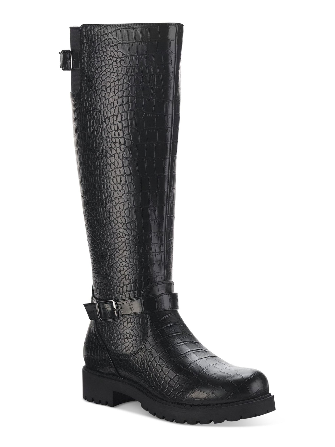 STYLE & COMPANY Womens Black Animal Print Cushioned Lug Sole Buckle Accent Goring Elenorr Round Toe Block Heel Zip-Up Riding Boot 7.5 M