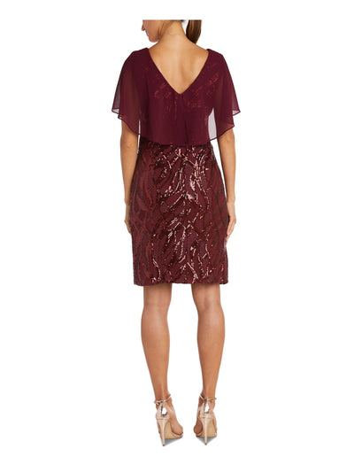 R&M RICHARDS Womens Maroon Sequined Zippered Sheer Capelet Lined Flutter Sleeve Boat Neck Above The Knee Evening Sheath Dress 6