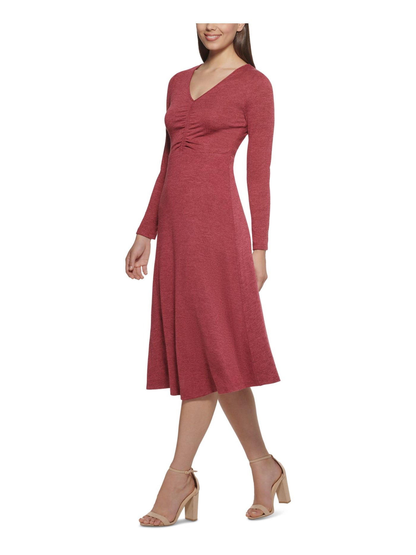 KENSIE Womens Red Long Sleeve V Neck Midi Wear To Work Fit + Flare Dress XXL