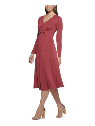 KENSIE Womens Red Long Sleeve V Neck Midi Wear To Work Fit + Flare Dress XXL