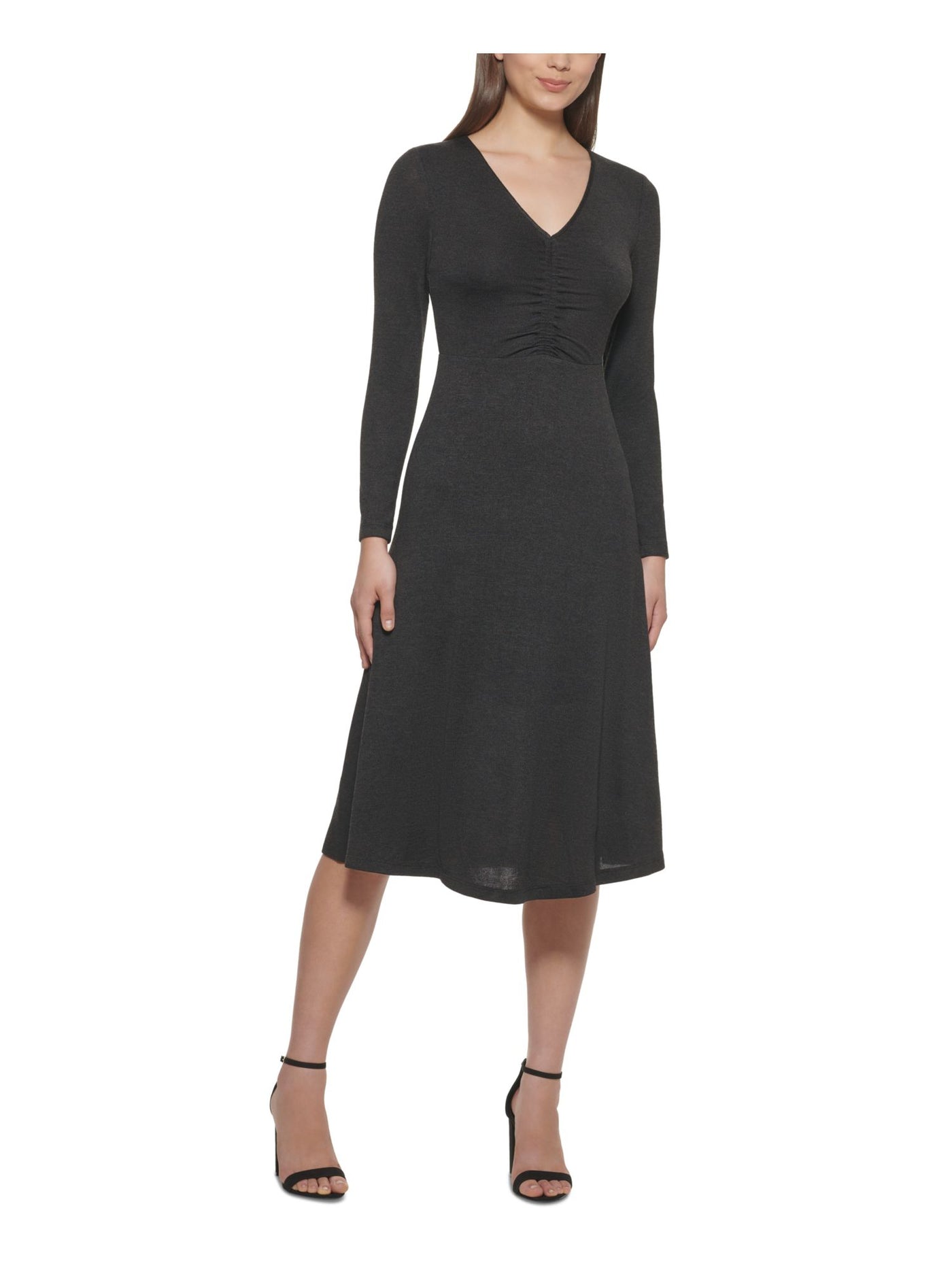 KENSIE Womens Black Long Sleeve V Neck Midi Wear To Work Fit + Flare Dress L