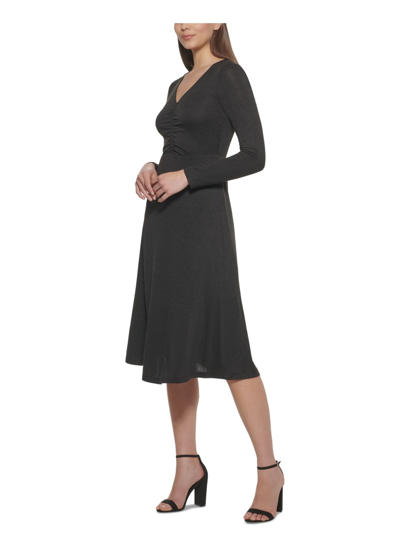 KENSIE Womens Black Long Sleeve V Neck Midi Wear To Work Fit + Flare Dress M