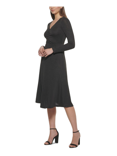 KENSIE Womens Black Long Sleeve V Neck Midi Wear To Work Fit + Flare Dress L