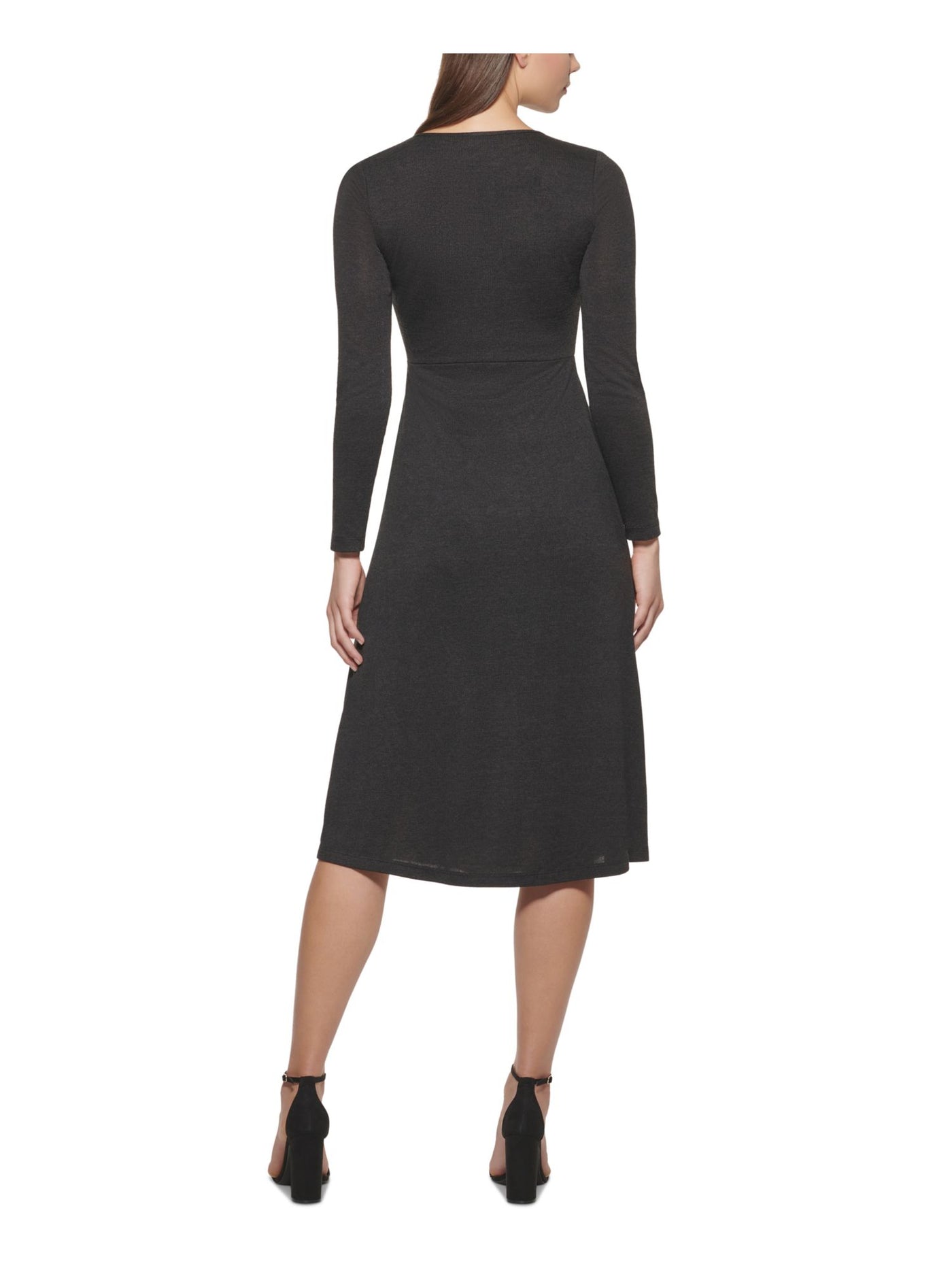 KENSIE Womens Black Long Sleeve V Neck Midi Wear To Work Fit + Flare Dress Juniors S