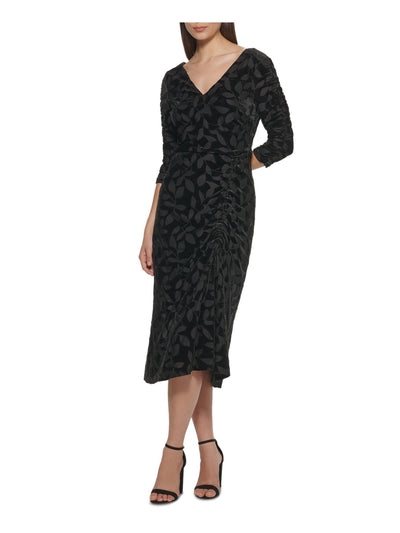 KENSIE Womens Black Stretch Tie Printed V Neck Midi Wear To Work Sheath Dress 14