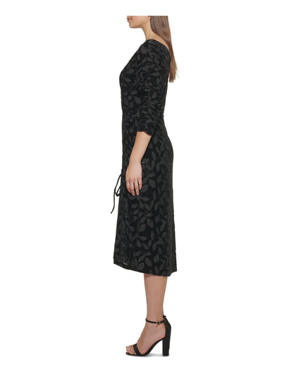 KENSIE Womens Black Stretch Tie Printed V Neck Midi Wear To Work Sheath Dress 14