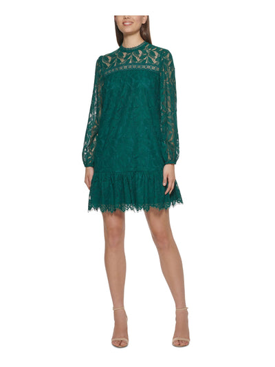KENSIE Womens Green Lace Drop Waist Keyhole Back Lined Long Sleeve Round Neck Above The Knee Party Shift Dress Juniors 0